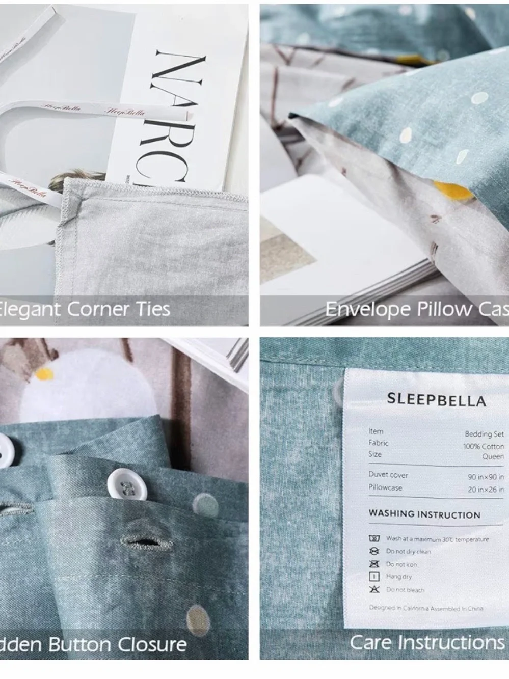 Sleepbella Queen sized Gray & Teal Floral Cotton Duvet set 600 thread count NEW